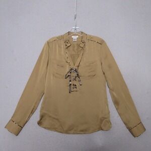 Vintage Cache Top Small Beige Silk Animal Tie Neck‎ Preppy Y2K Academia Neutral